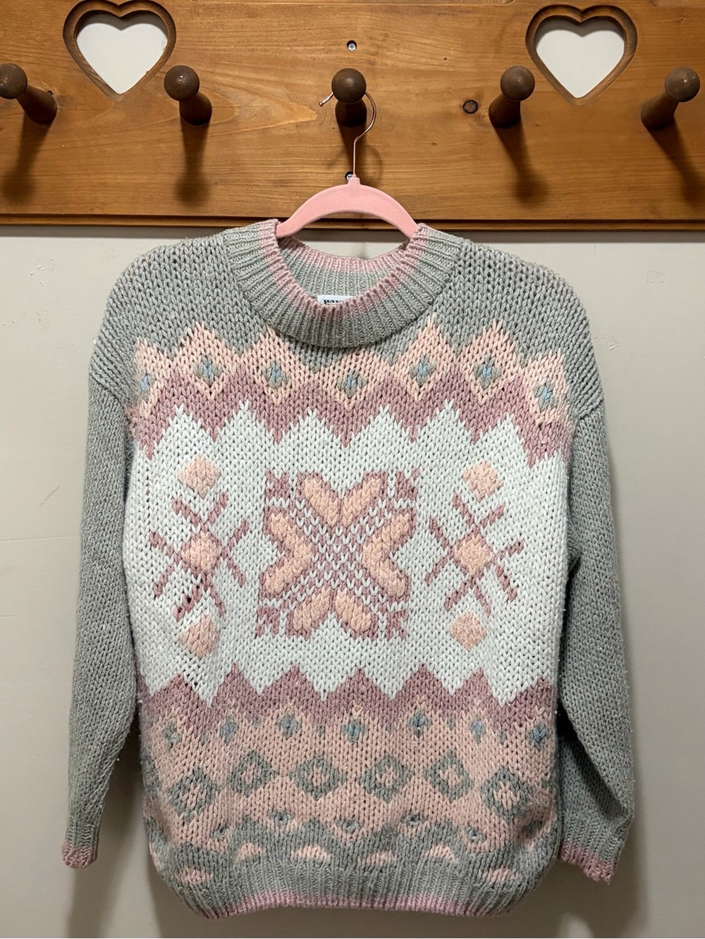 VINTAGE Hand Knit Erika Fair Isle Nordic Sweater Pink Gray L
